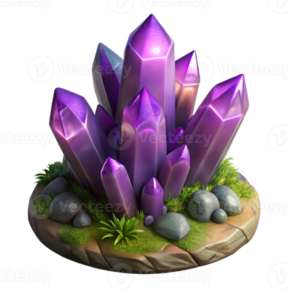 impressive minimalist A cluster of amethyst crystals sprouting from a mossy rock, dramatic chiaroscuro lighting, fantasy art style exclusive png