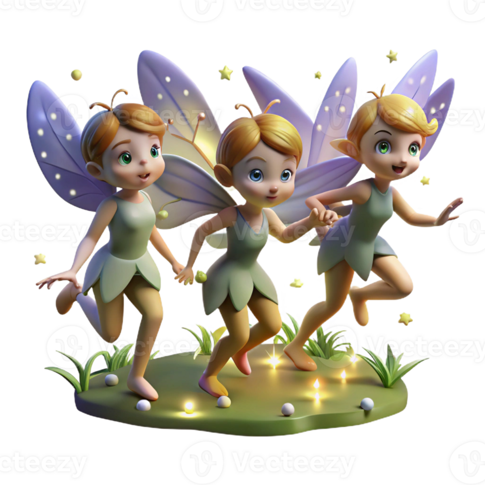 serene traditional A group of playful pixies with iridescent wings, dancing in a moonlit glade, surrounded by glowing fireflies. Soft, ethereal lighting, fairytale illustration style original png