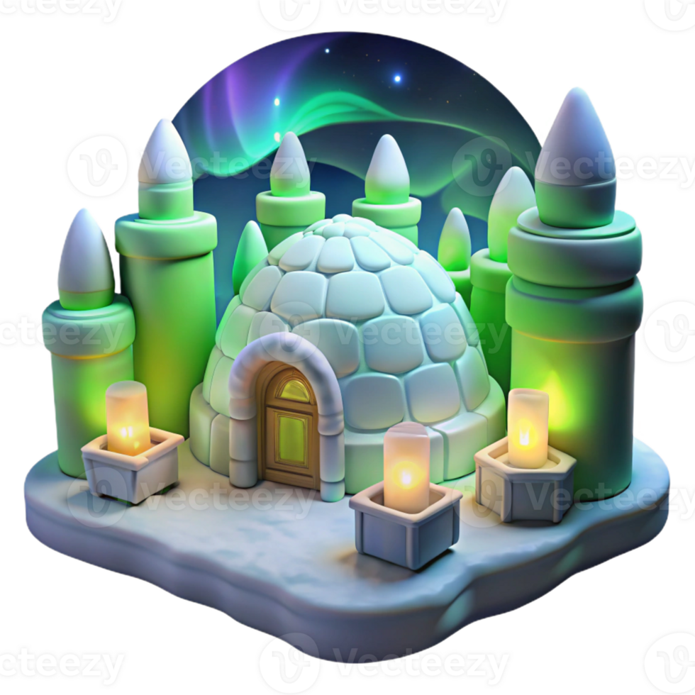 wonderful classic An igloo village with glowing ice lanterns and intricate carvings, arctic landscape, aurora borealis in the sky. Winter wonderland, Inuit culture, ethereal atmosphere 4K png