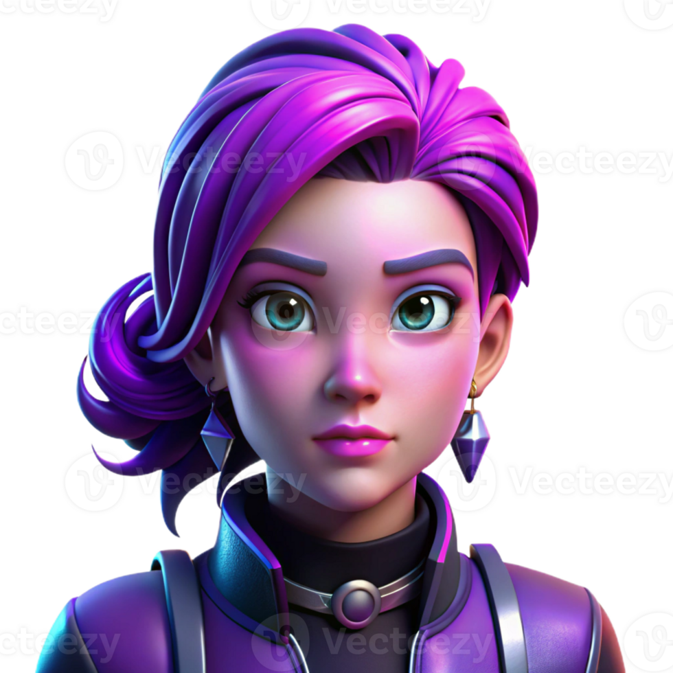 extraordinary traditional Portrait of a teenage girl with vibrant purple hair and multiple piercings, looking defiant, lit by neon lights, in a cyberpunk style high resolution png
