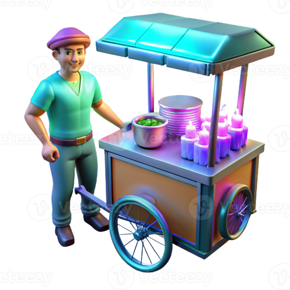 impressive modern A street vendor selling bioluminescent food from a futuristic cart, in a bustling cyberpunk marketplace, in a vibrant, comic book style premium png
