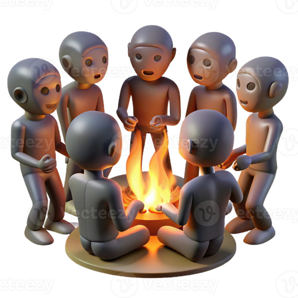 wonderful modern A group of genetically modified humans with glowing skin and unusual features, gathered around a bonfire, illuminated by the flickering firelight. Science fiction style genuine png