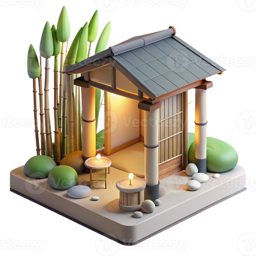 dramatic minimalist A minimalist Japanese tea house made of bamboo and paper, soft diffused lighting, zen garden in the foreground. Minimalist style, serene atmosphere, calming colors premium png