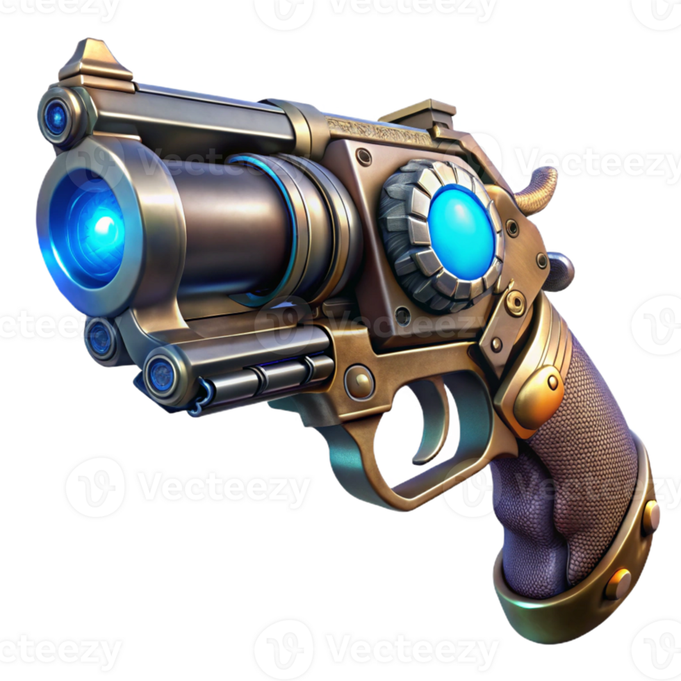 stunning abstract A steampunk pistol, intricate engravings, glowing energy core, held in a gloved hand, dark and dramatic lighting, highly detailed, cinematic render premium png