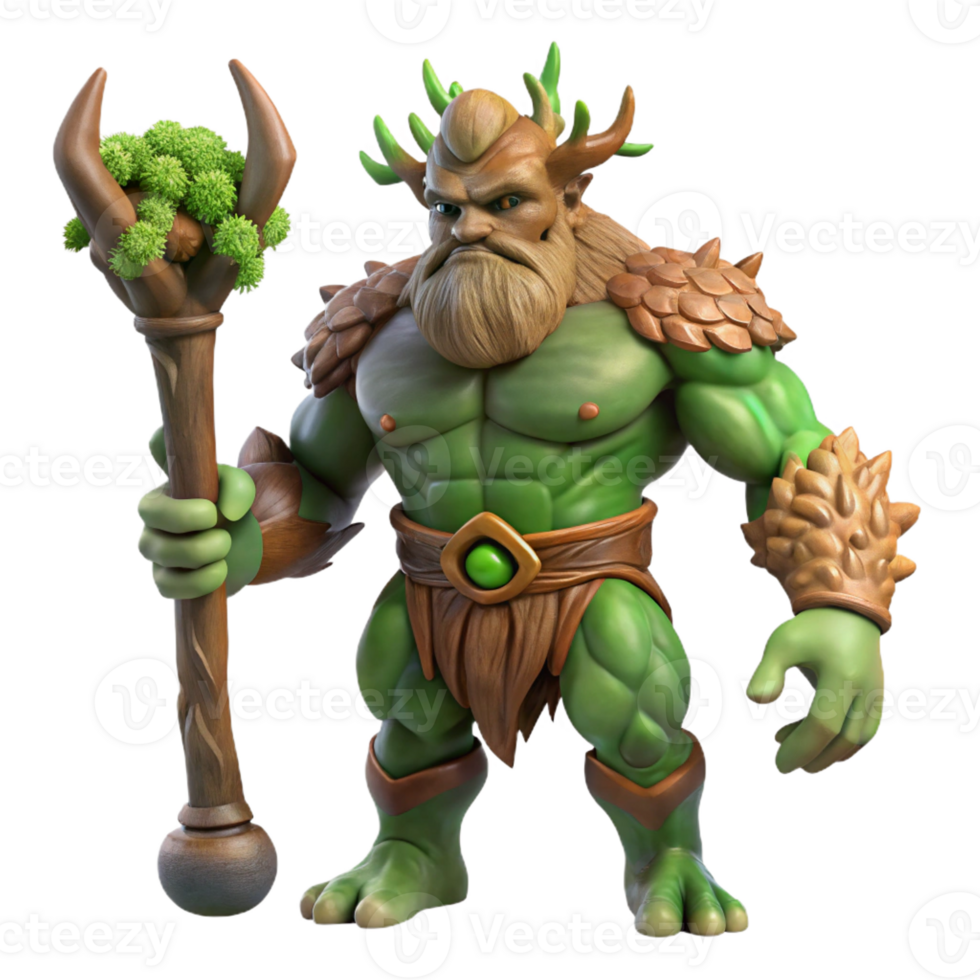 impressive classic A powerful giant with tree-like skin and a massive club, standing in a forest clearing, illuminated by the bright sunlight. Epic fantasy style premium png