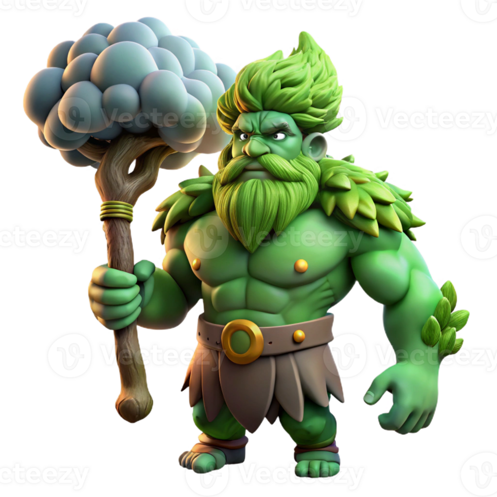 stunning classic A powerful giant with tree-like skin and mossy hair, holding a massive club, lit by a stormy sky. Norse mythology style original png