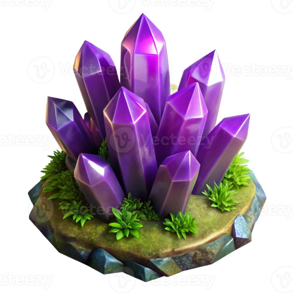 wonderful abstract A cluster of vibrant amethyst crystals growing on a mossy rock, dramatic lighting, fantasy art style exclusive png