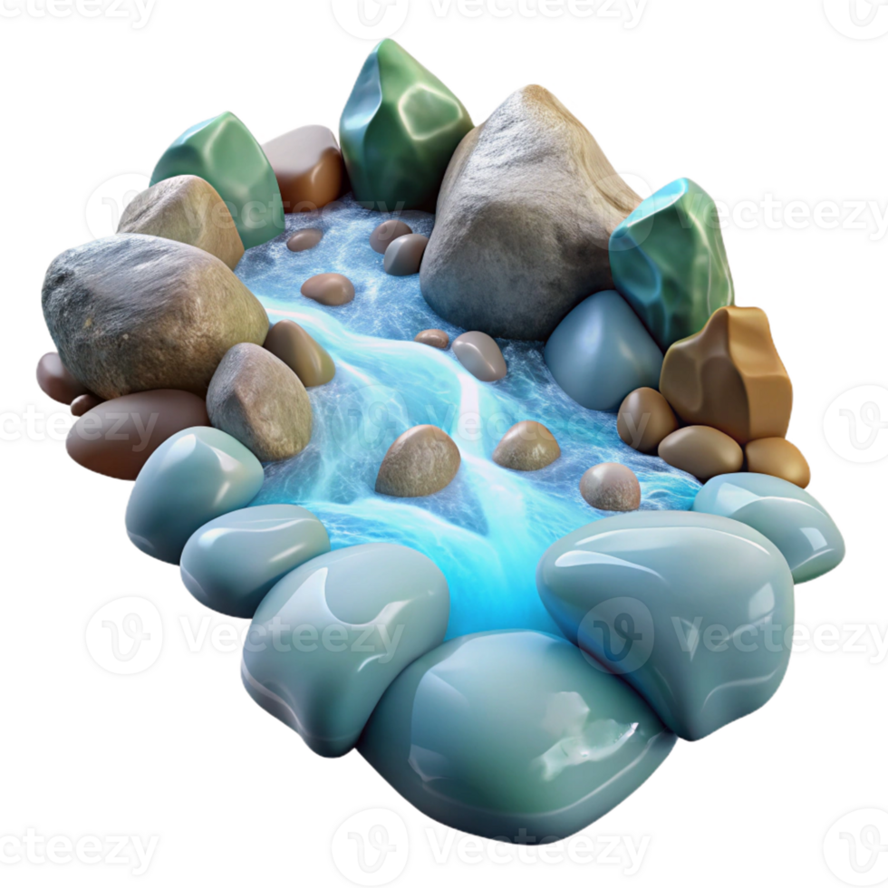 dramatic contemporary A crystal-clear mountain stream flowing over smooth, colorful stones, photorealistic style original png