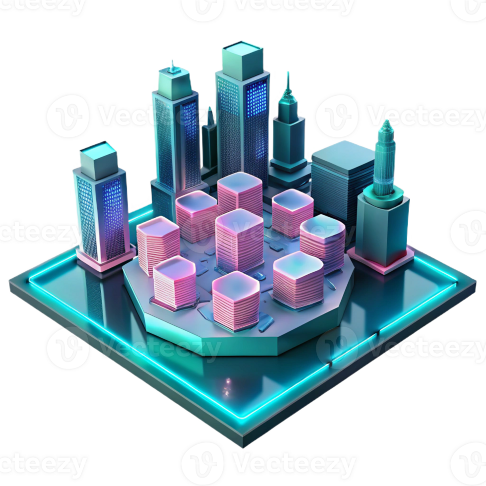dramatic modern A futuristic cityscape built on interconnected hexagonal platforms floating in the void, illuminated by neon pink and teal light trails, cyberpunk style genuine png