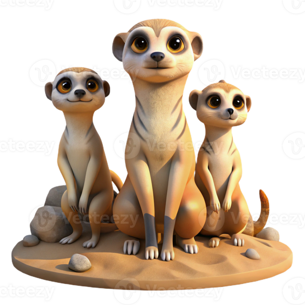 wonderful contemporary A family of playful meerkats standing alert in the desert, harsh midday sun, documentary photography style high resolution png