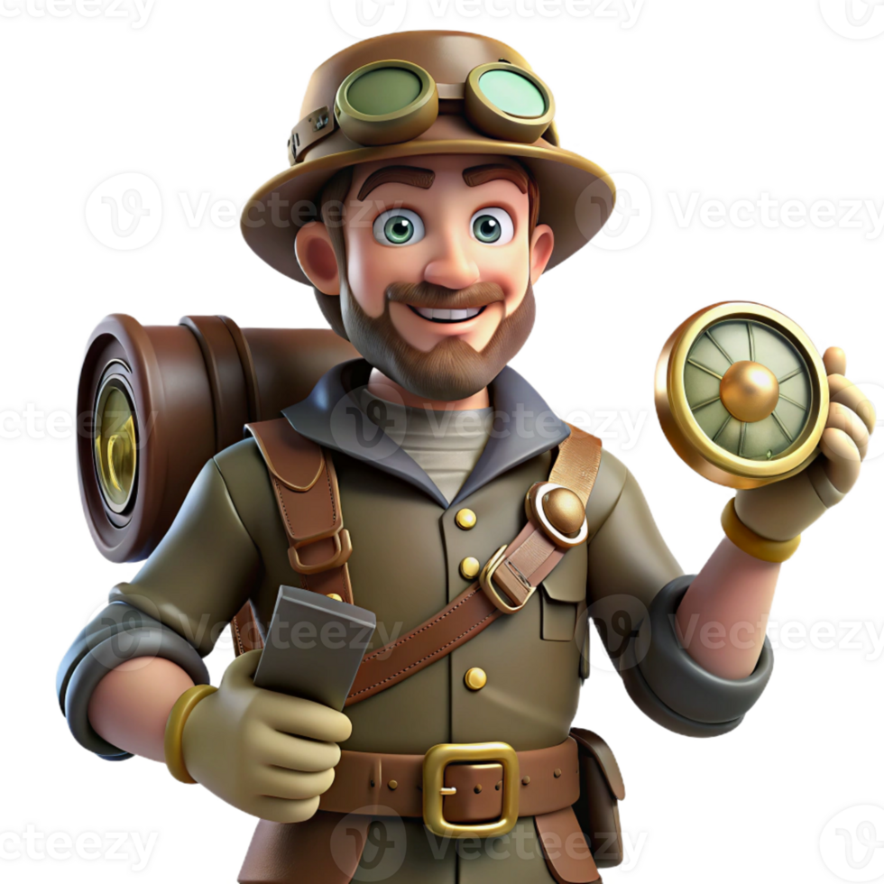 beautiful artistic A steampunk explorer, holding a compass and map, rugged outfit, brightly lit, adventurous style professional png
