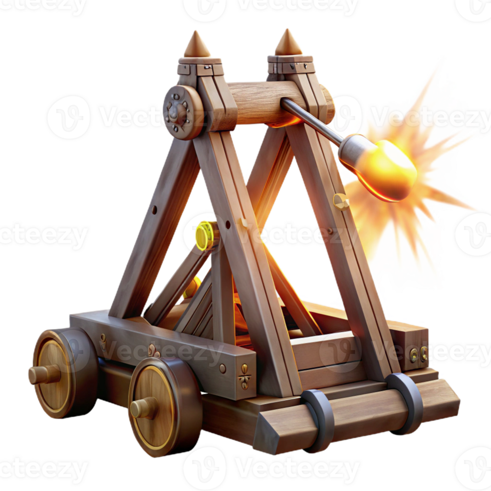 wonderful vintage A medieval siege weapon, a trebuchet, launching a projectile, dynamic action, realistic detail, bright sunlight genuine png