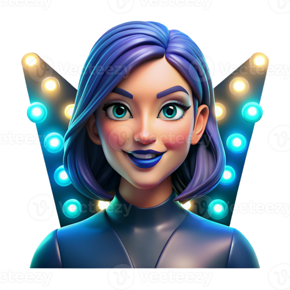 elegant creative Portrait of a woman with vibrant blue makeup and an enigmatic smile, lit by a colorful array of stage lights, in a pop art style detailed png