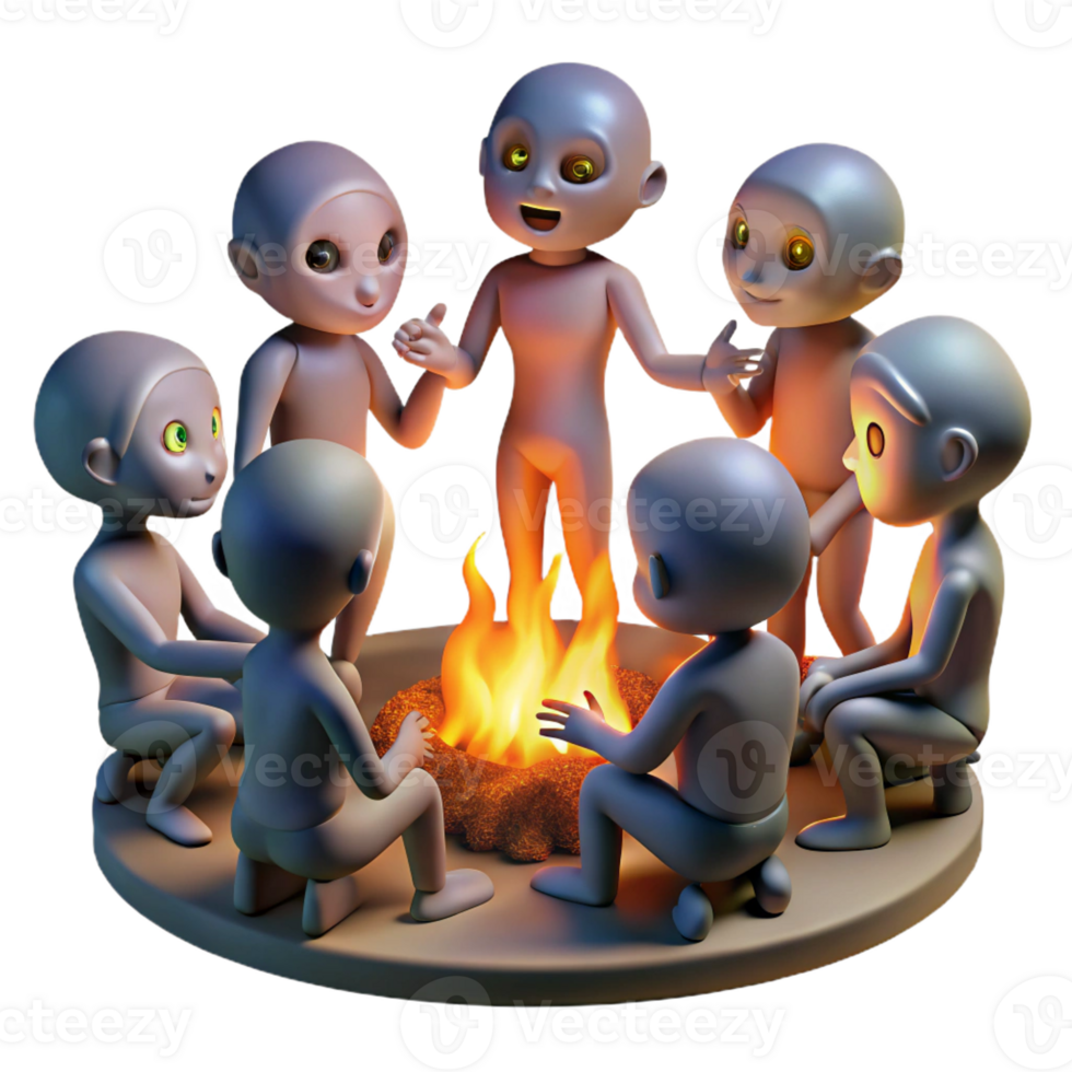 magnificent rustic A group of genetically modified humans with glowing skin and unusual features, gathered around a bonfire, illuminated by the flickering firelight. Science fiction style high quality png