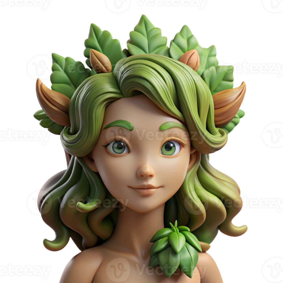 beautiful contemporary A graceful dryad with bark-like skin and leafy hair, emerging from a tree trunk, illuminated by the soft sunlight filtering through the leaves. Art Nouveau style premium png