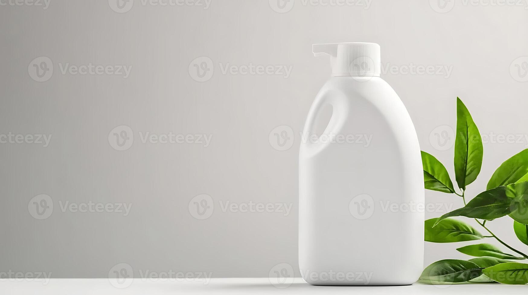 White bottle with pump on a minimalist background, surrounded by green leaves, symbolizing eco-friendliness photo