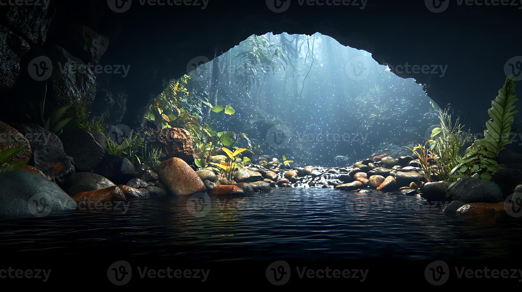 Serene underground river flowing through a lush cave with vibrant vegetation and soft light photo