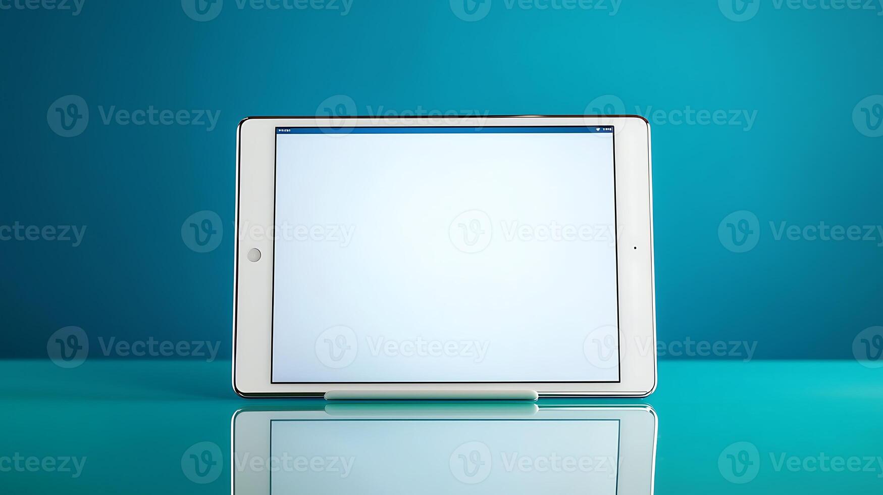 Modern tablet on a sleek surface with a blue background, showcasing digital technology photo