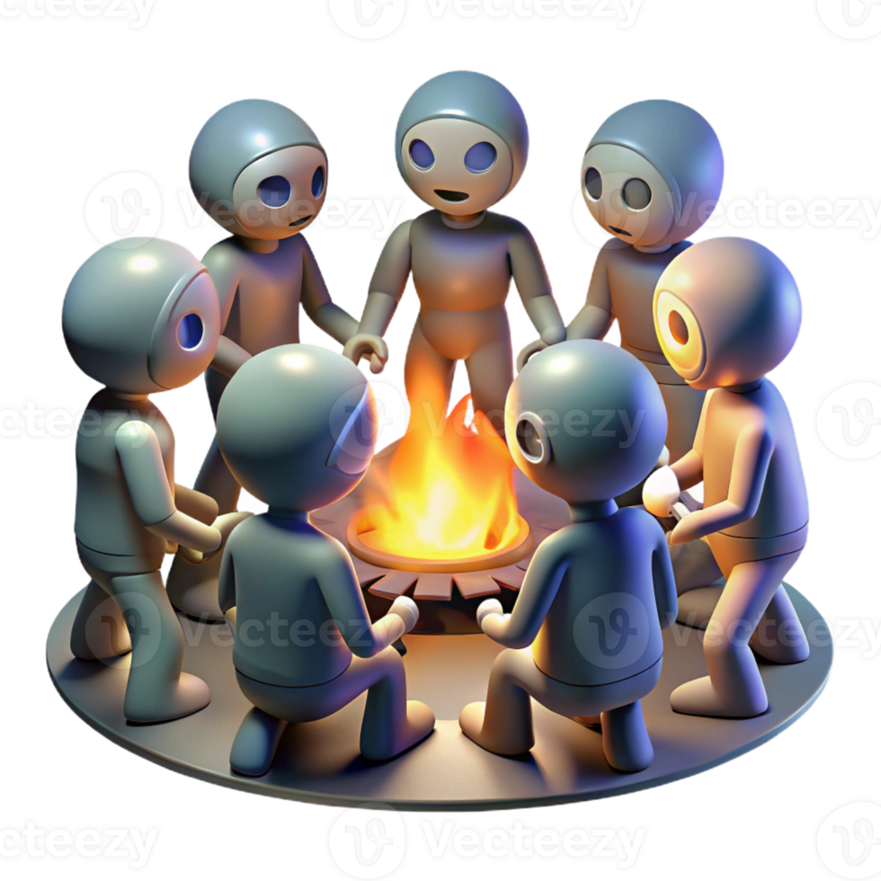 serene classic A group of genetically modified humans with glowing skin and unusual features, gathered around a bonfire, illuminated by the flickering firelight. Science fiction style exclusive png