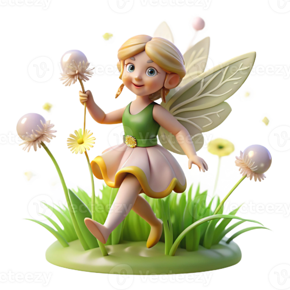 dramatic rustic A whimsical fairy with delicate wings and glowing pollen, flitting through a field of dandelions. Soft, diffused lighting. Dreamlike style exclusive png