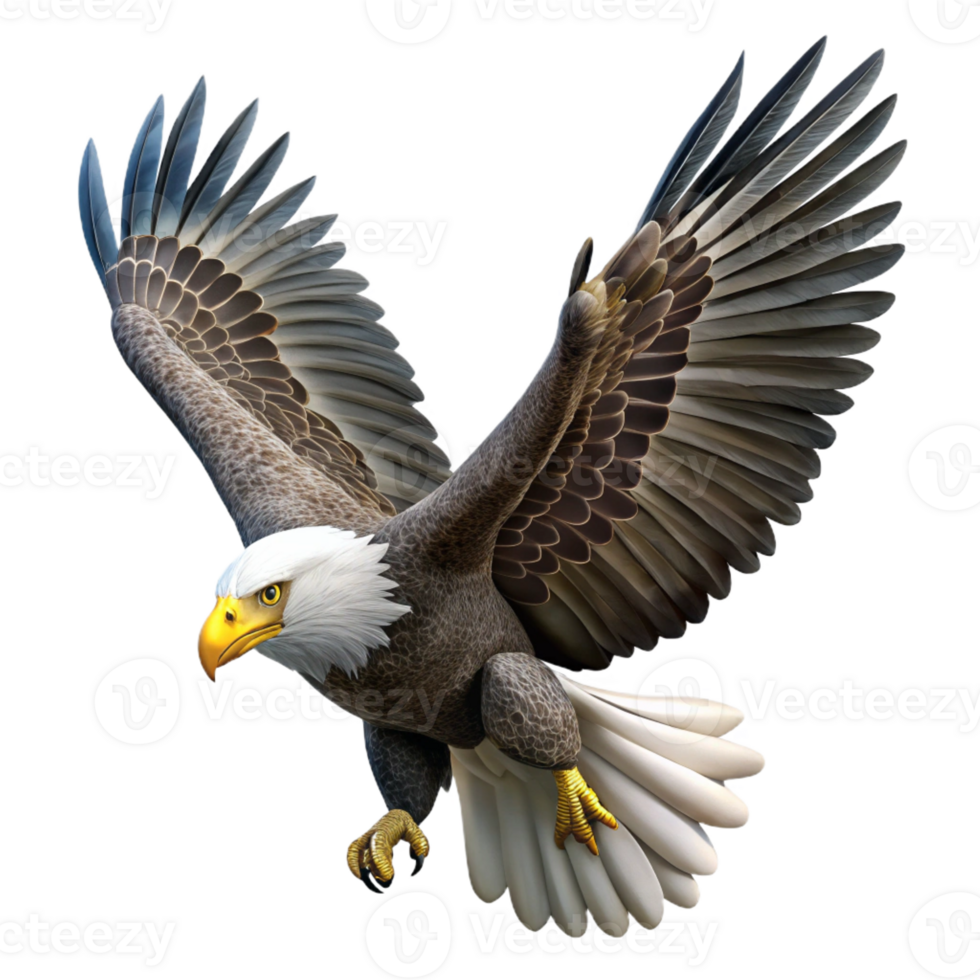 vibrant traditional A majestic bald eagle soaring through the sky, its wings spread wide, rendered in a powerful, realistic style high resolution png