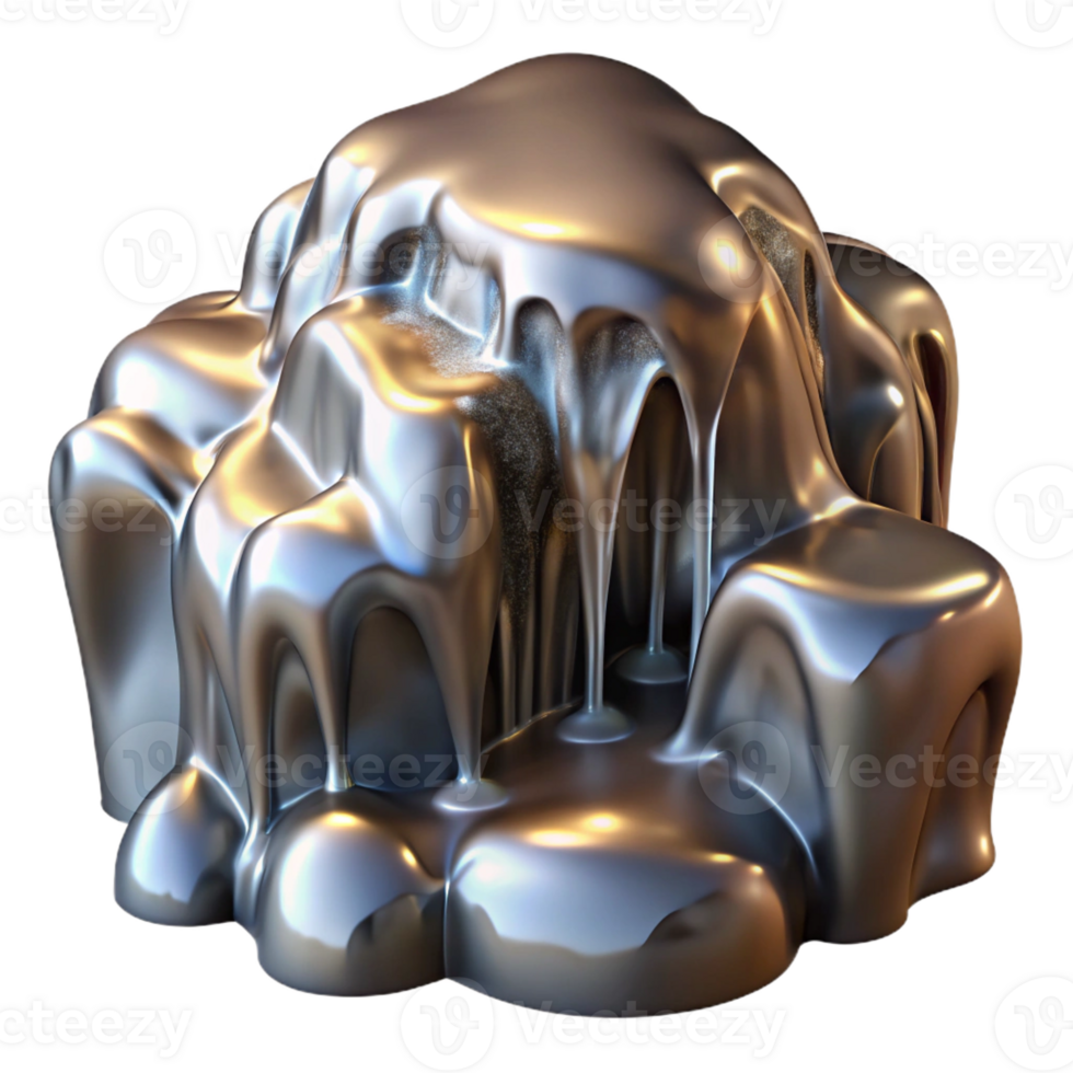 beautiful artistic A cascading waterfall of liquid mercury, reflecting distorted images in its surface, lit by dramatic chiaroscuro lighting, in a surrealist style detailed png