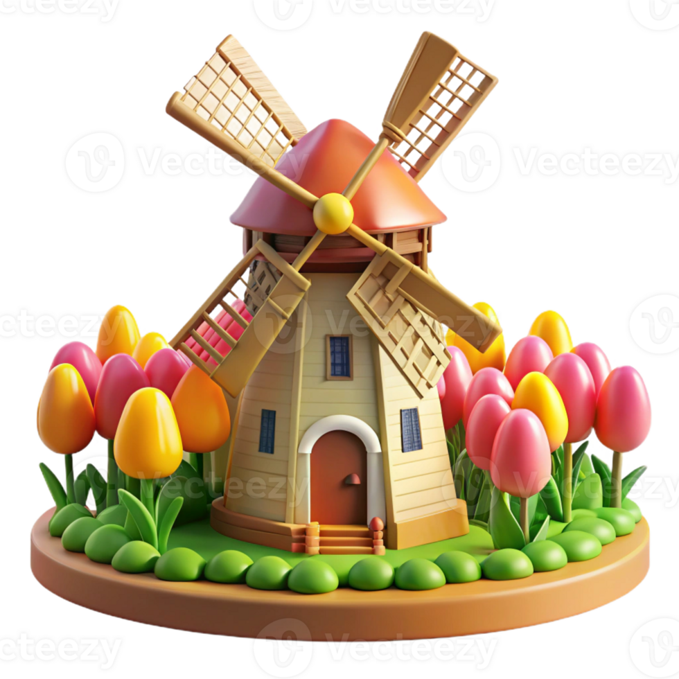 impressive classic A traditional windmill in a tulip field, bright spring sunlight, Dutch painting style genuine png