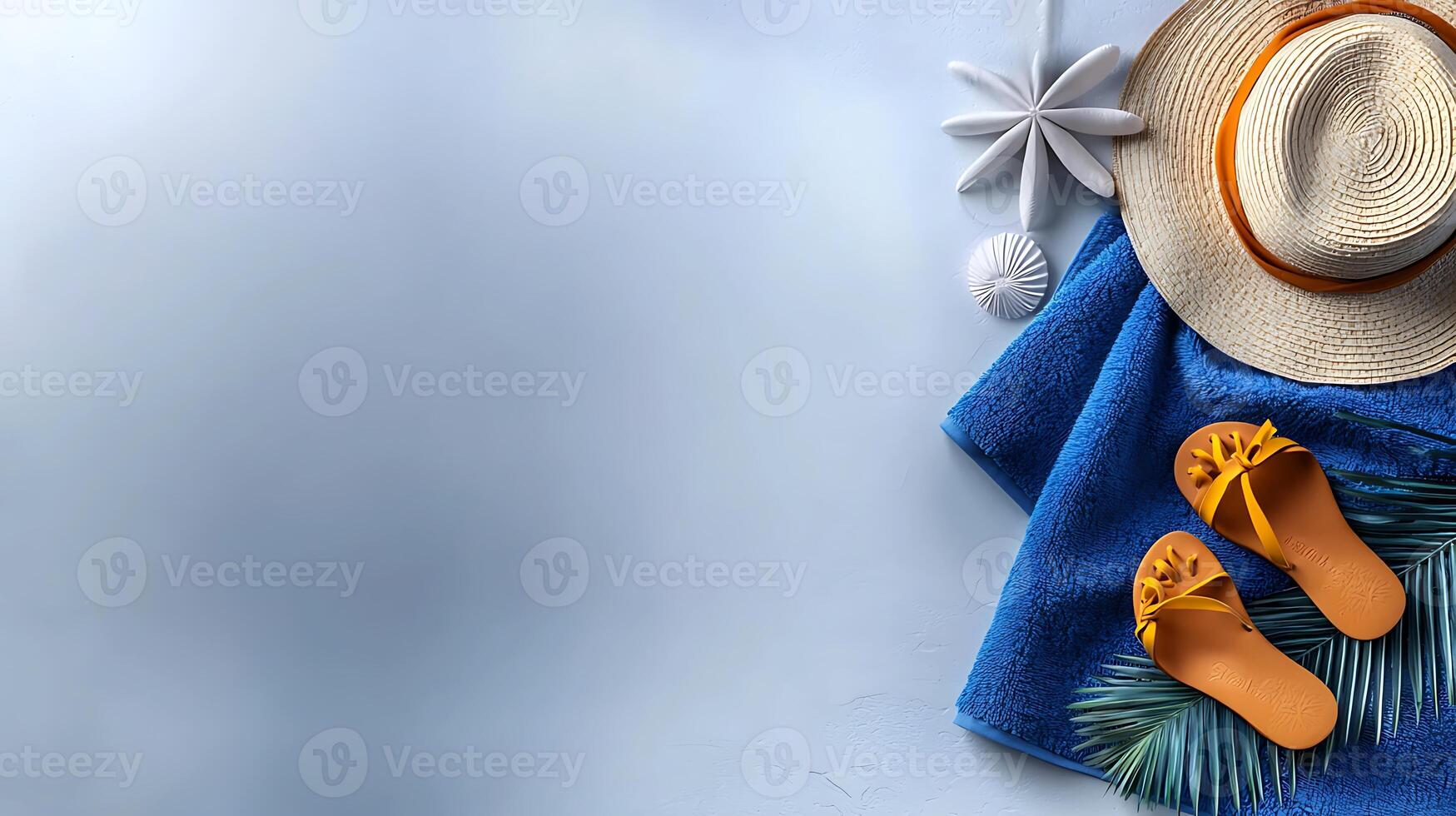 Summer beach essentials featuring a straw hat, flip flops, and seashells on a blue towel photo