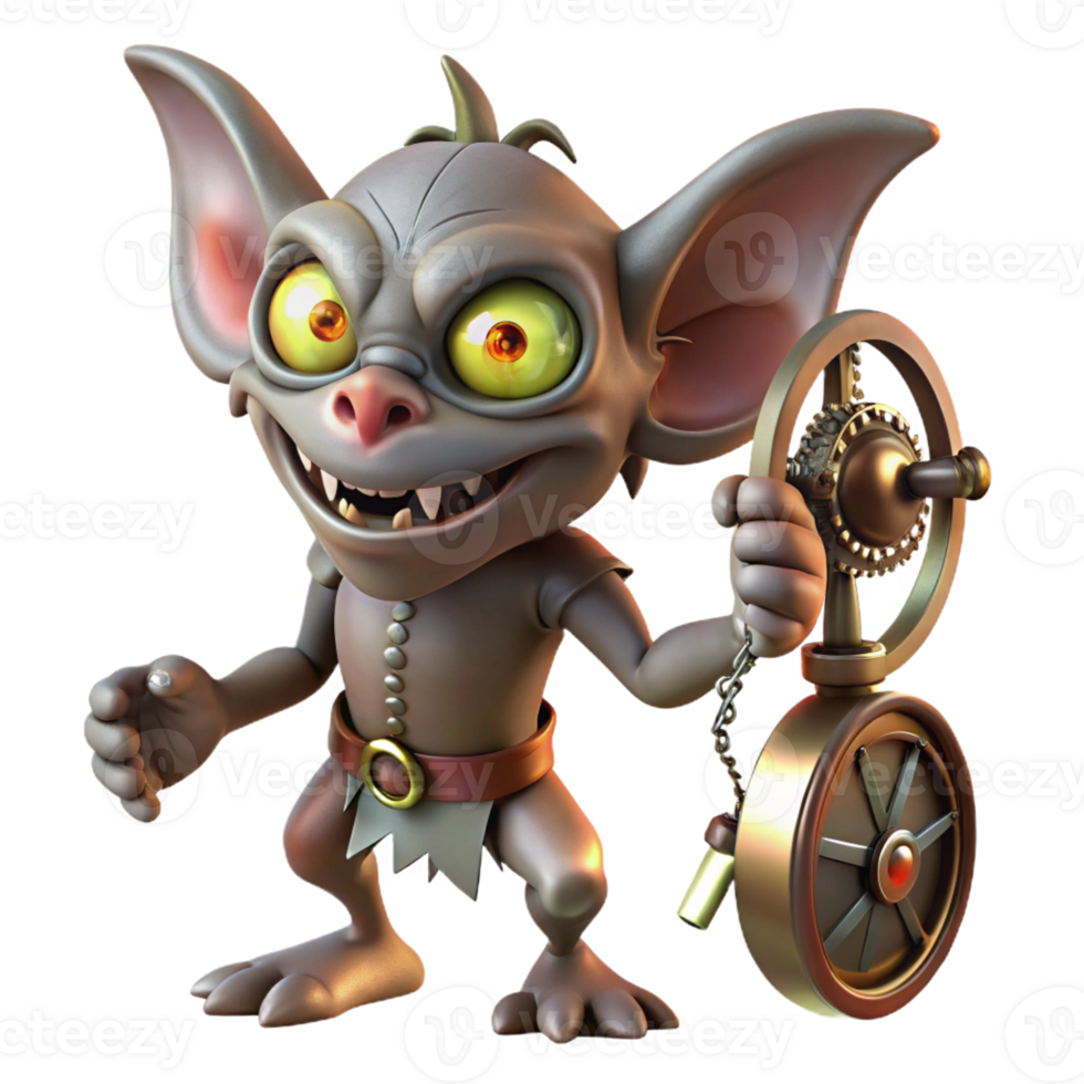 stunning abstract A mischievous gremlin sabotaging a clockwork contraption, its eyes gleaming with malice. Dim, shadowy lighting. Steampunk style high resolution png