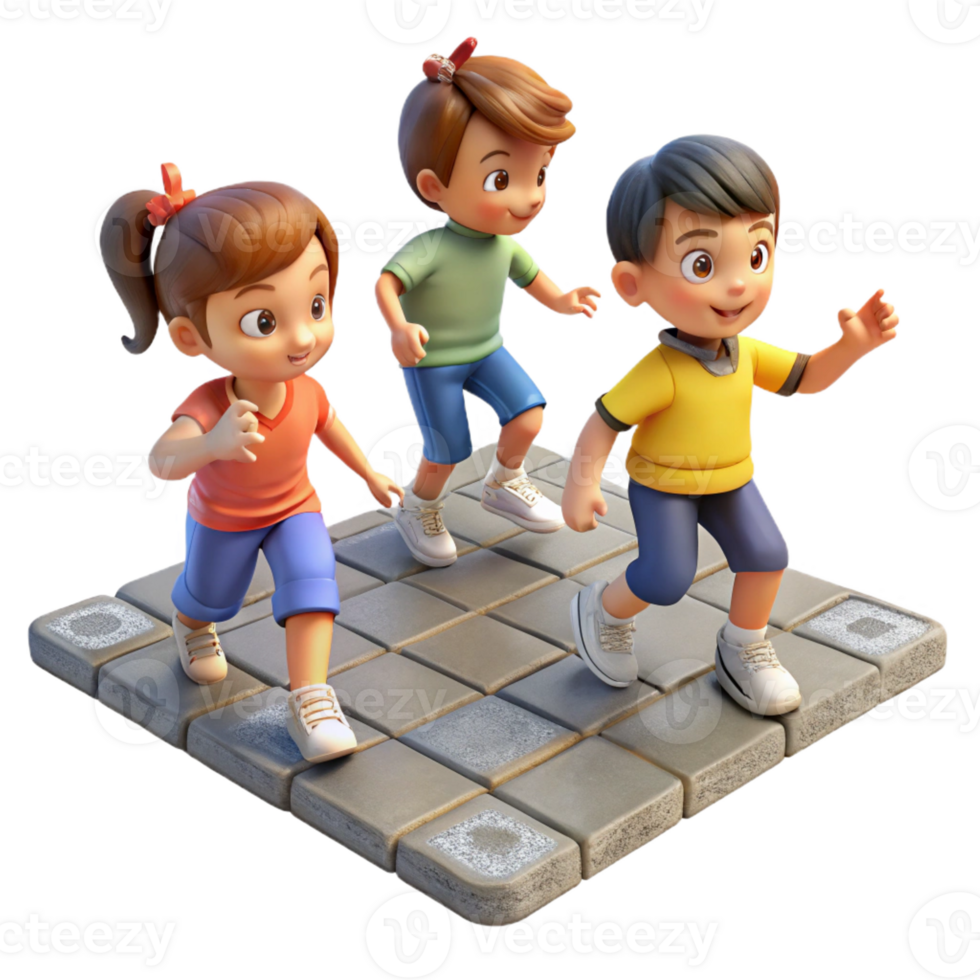 elegant vintage A group of children playing hopscotch on a cracked sidewalk, nostalgic style, warm afternoon light detailed png