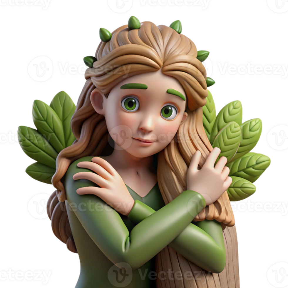 stunning abstract A beautiful dryad with bark-like skin and leafy hair, embracing a giant oak tree. Soft, dappled lighting. Pre-Raphaelite style genuine png