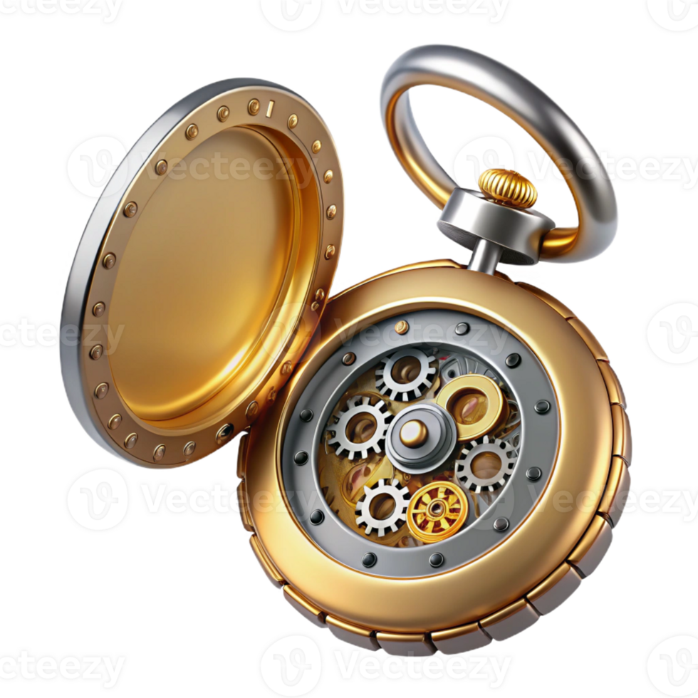 elegant minimalist A steampunk pocket watch, open to reveal intricate clockwork, gold and silver finish, soft, diffused lighting, art deco style professional png