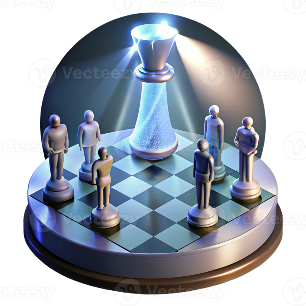 elegant artistic A giant chessboard with human pawns standing frozen in mid-game, illuminated by a dramatic spotlight. Surrealist photography style high resolution png