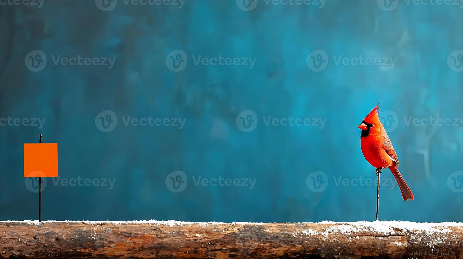 Vibrant red cardinal perched on a log beside an orange square against a blue backdrop photo