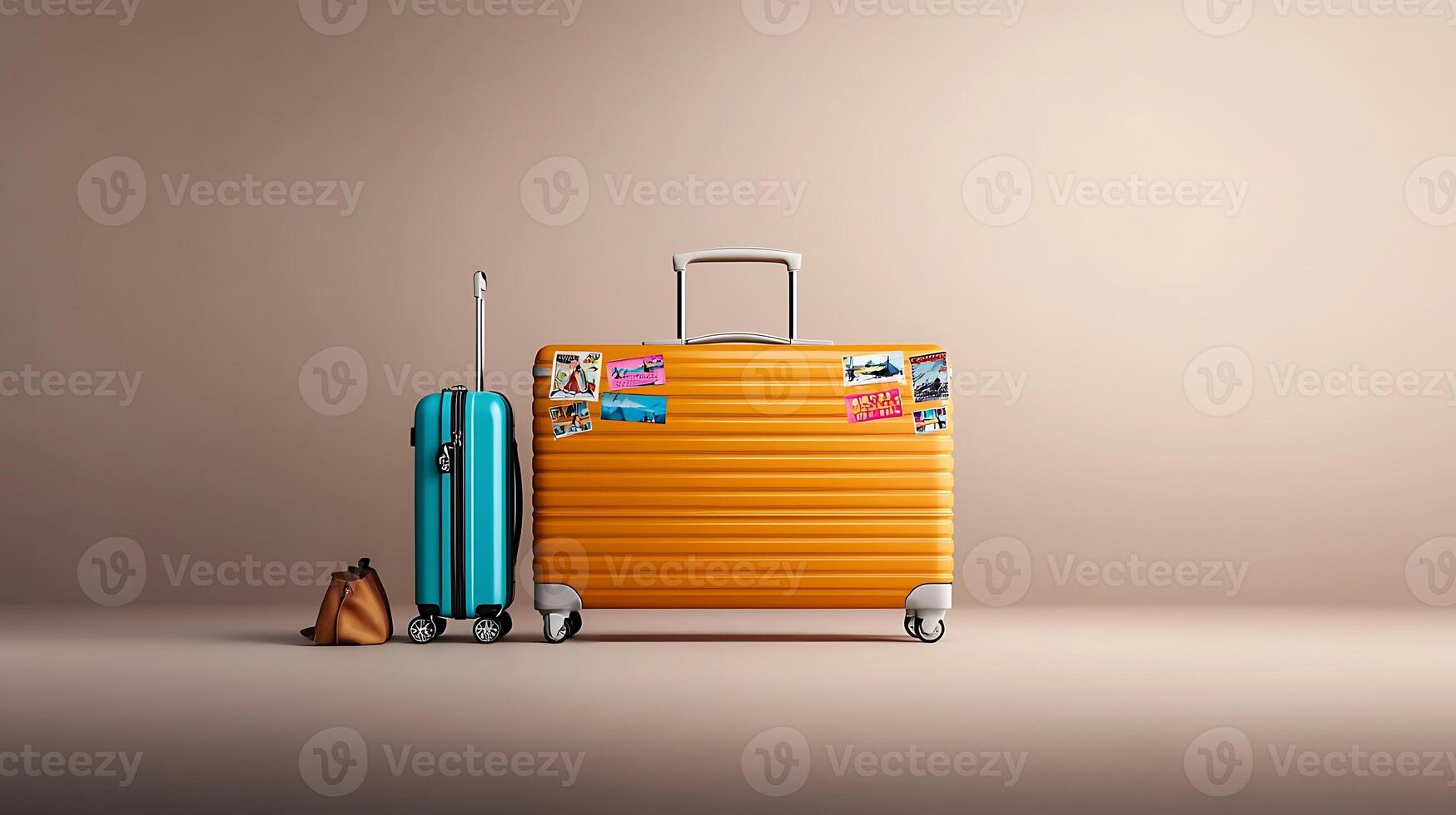 Two stylish suitcases, one orange and one turquoise, placed on a neutral backdrop, ready for travel photo