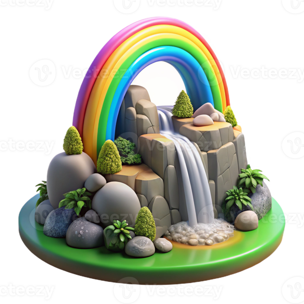 dramatic contemporary A vibrant rainbow arcing over a tranquil waterfall cascading down mossy rocks, fantasy art style premium png