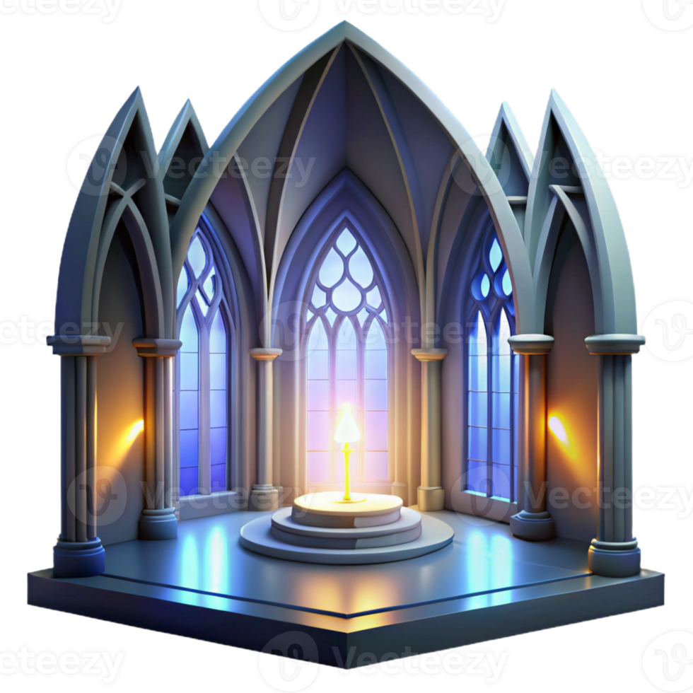 wonderful minimalist Gothic cathedral interior, stained glass depicting abstract shapes, dim ethereal lighting, single ray of light from a high window, hyperrealistic style original png