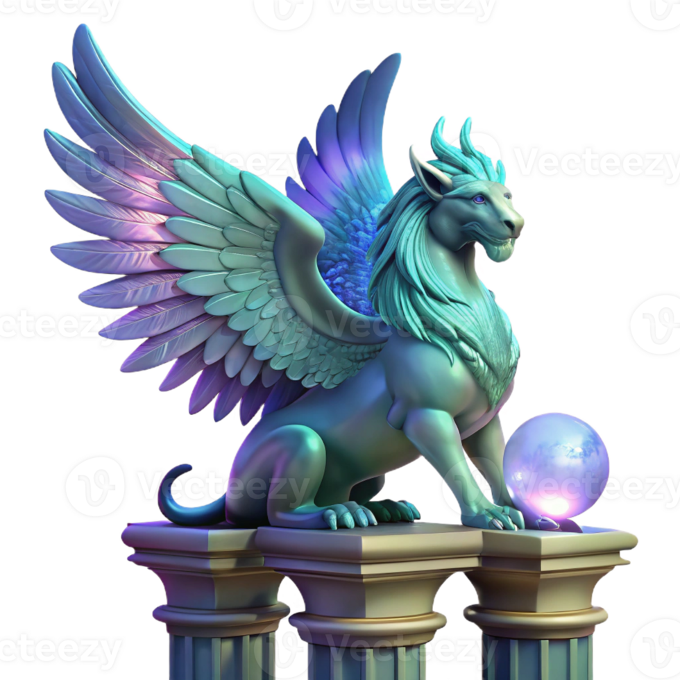 dramatic traditional A majestic griffin with iridescent feathers, perched atop a crumbling stone pillar, lit by a single shaft of ethereal moonlight, Art Nouveau style 4K png