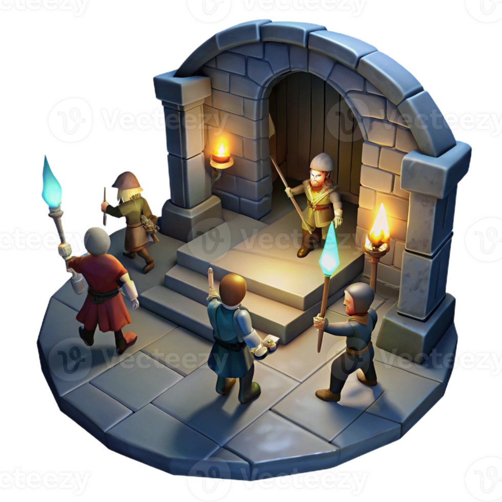 elegant creative A group of adventurers exploring a dark dungeon, torches casting flickering shadows on the walls. Dark fantasy style, dramatic lighting genuine png