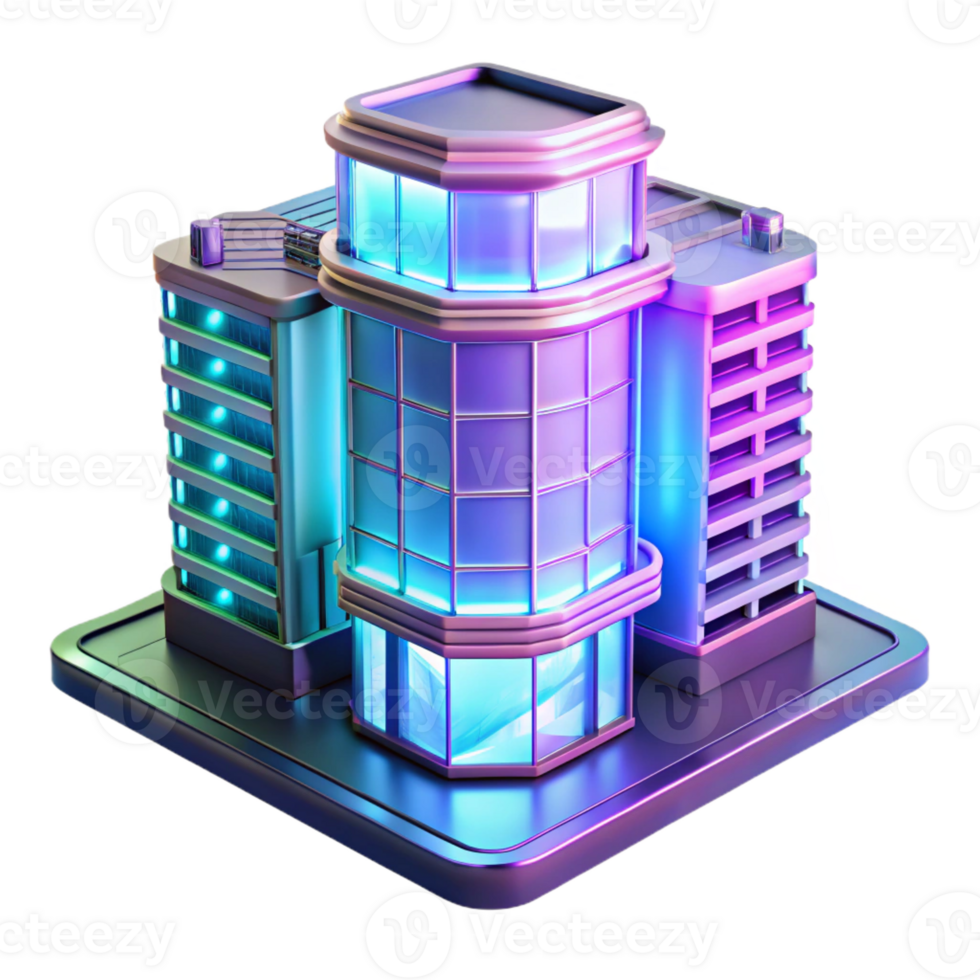 serene abstract A futuristic apartment building with holographic balconies and glowing windows, reflected in a rain-slicked street, in a vibrant, art deco style exclusive png