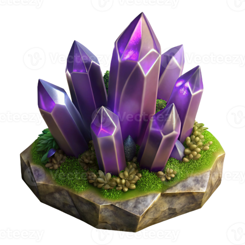 impressive modern A cluster of amethyst crystals sprouting from a mossy rock, dramatic chiaroscuro lighting, fantasy art style detailed png
