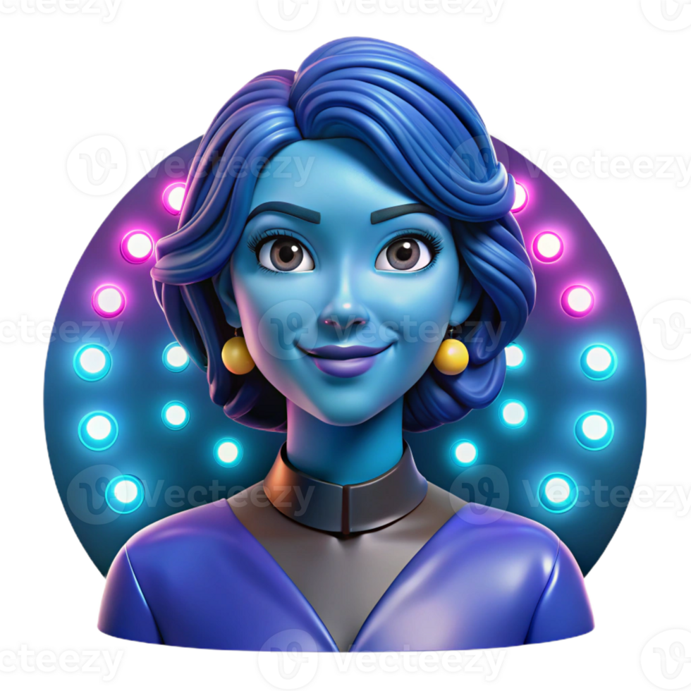 impressive abstract Portrait of a woman with vibrant blue makeup and an enigmatic smile, lit by a colorful array of stage lights, in a pop art style authentic png