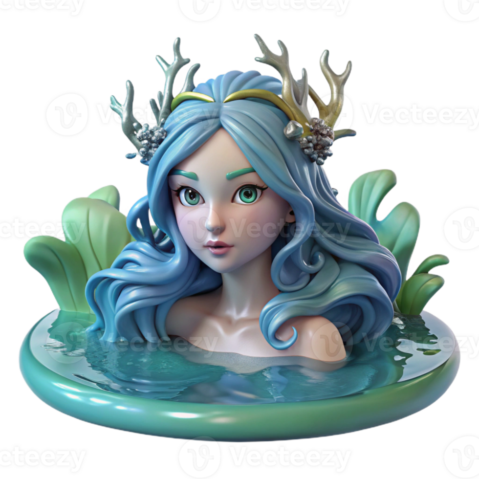 wonderful vintage A graceful water nymph with long, flowing seaweed hair and shimmering scales, emerging from a crystal-clear pool. Soft, underwater lighting, pre-Raphaelite style 4K png