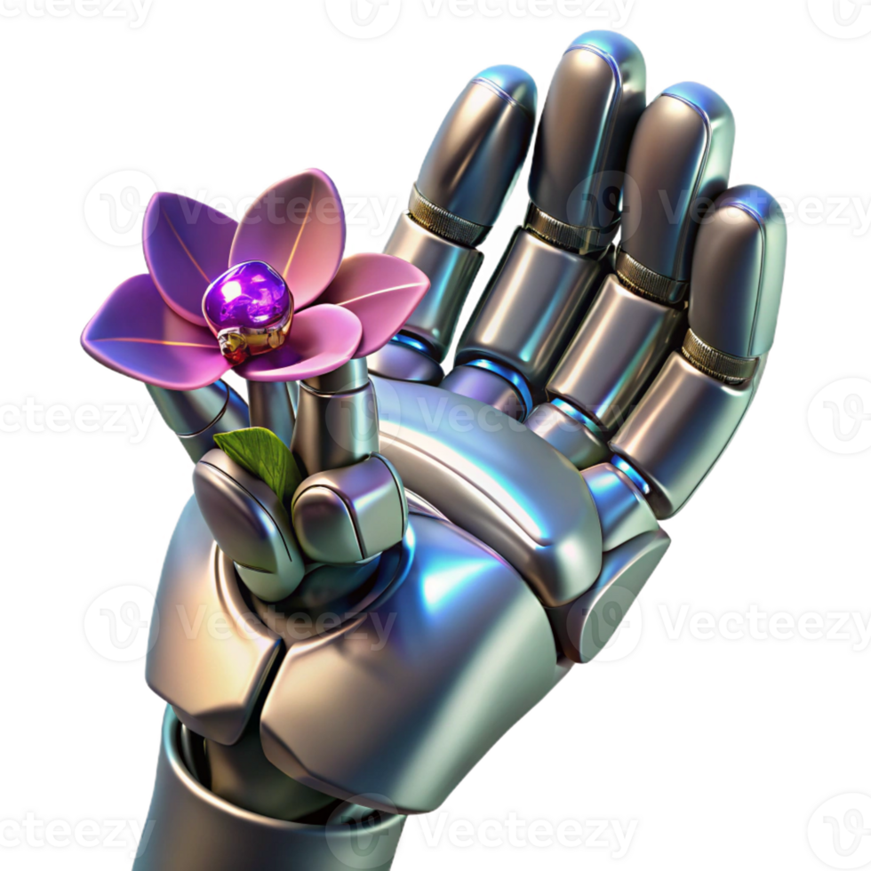 extraordinary modern A sleek, chrome robotic hand delicately holding a bioluminescent orchid, illuminated by soft, diffused studio lighting. Cyberpunk style, photorealistic render premium png