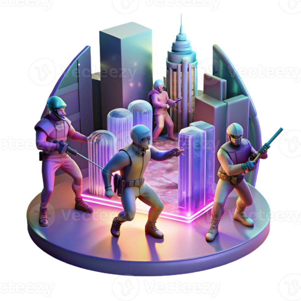wonderful contemporary A group of rebels fighting against a oppressive government in a neon-lit cityscape, in a gritty, realistic style high quality png