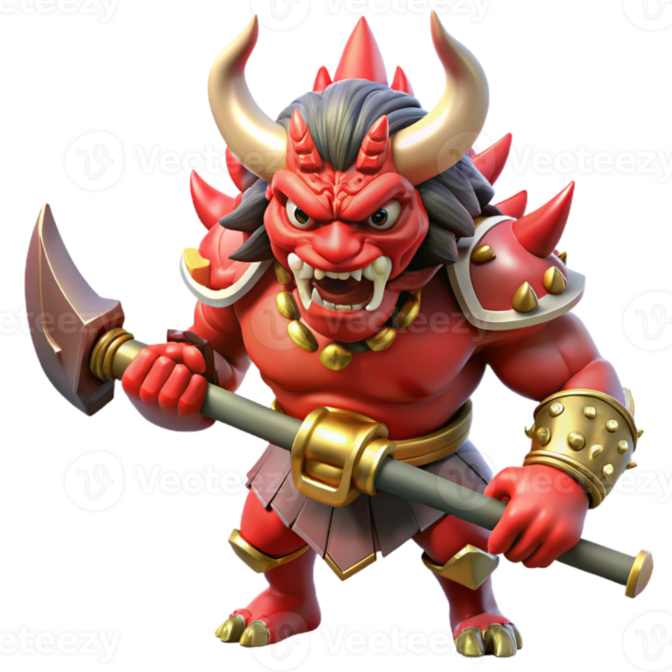 extraordinary traditional A powerful oni with crimson skin and horns, wielding a massive kanabo club. Intense, dramatic lighting. Japanese folklore style detailed png