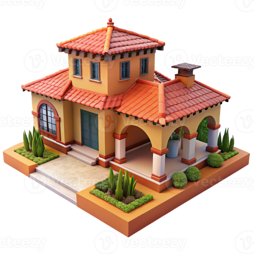 vibrant modern Spanish colonial hacienda, stucco walls, red tile roof, courtyard, Mediterranean style premium png