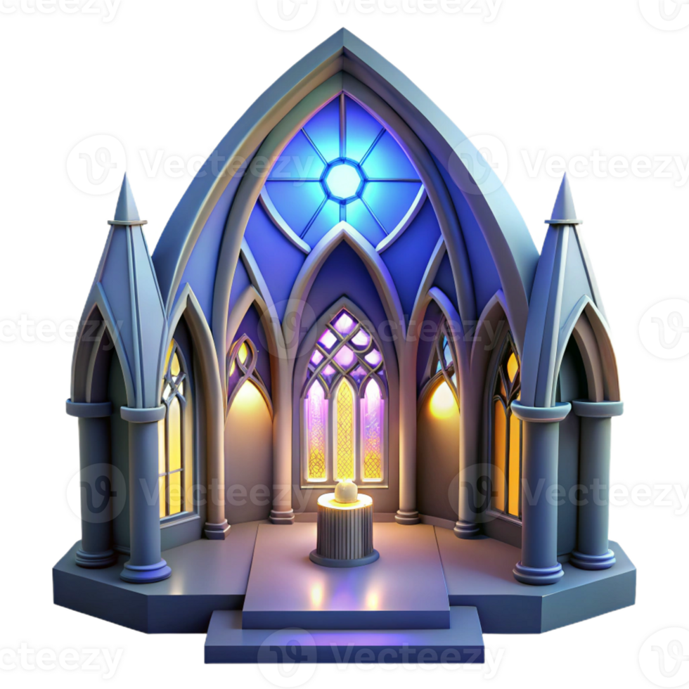 magnificent creative Gothic cathedral interior, stained glass depicting abstract shapes, dim ethereal lighting, single ray of light from a high window, hyperrealistic style 4K png