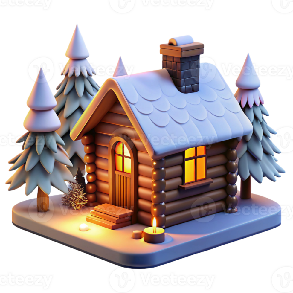 stunning modern A cozy log cabin in a snowy forest, warm firelight from within, rustic photography style genuine png