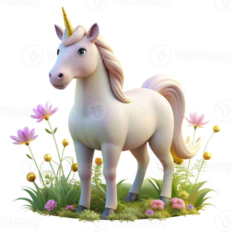 vibrant minimalist A serene unicorn with a pearlescent horn, grazing in a field of wildflowers. Soft, golden sunlight. Dreamlike style high resolution png